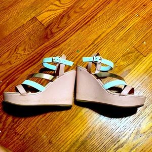 Rose gold, pink and white wedge sandals